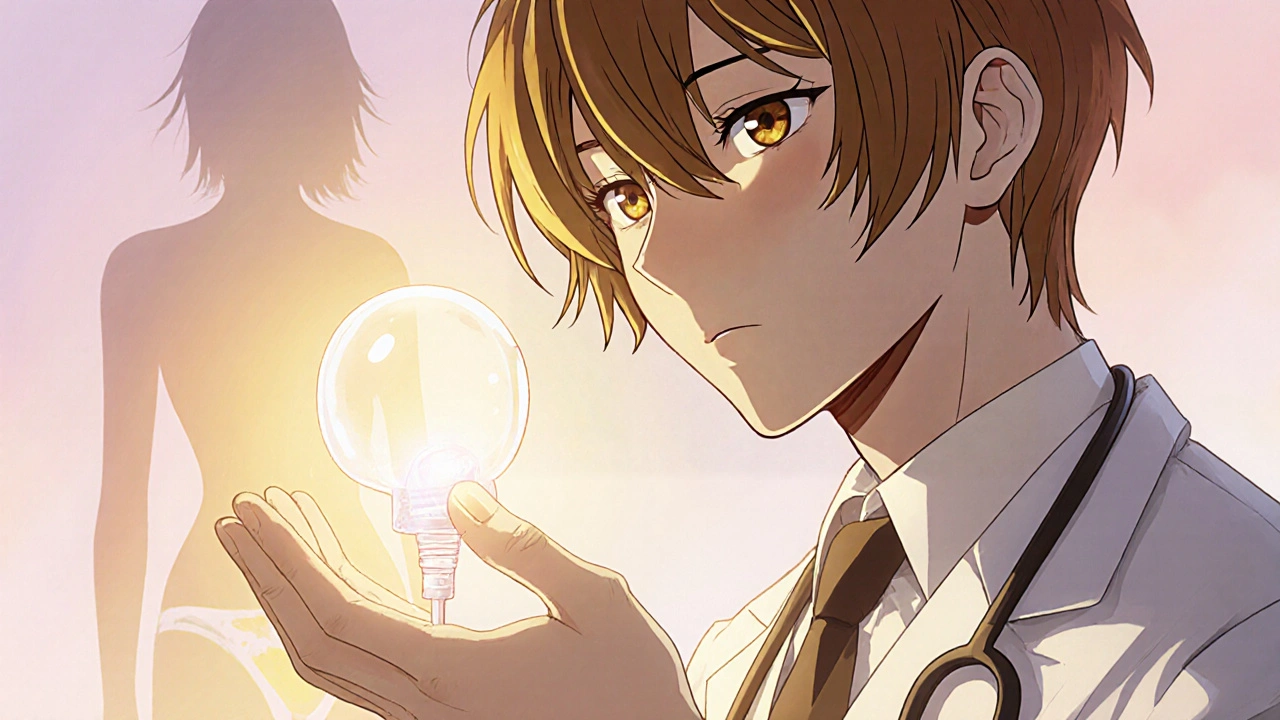 A bishounen doctor holds a glowing pessary beside a stylized silhouette, symbolizing treatment.