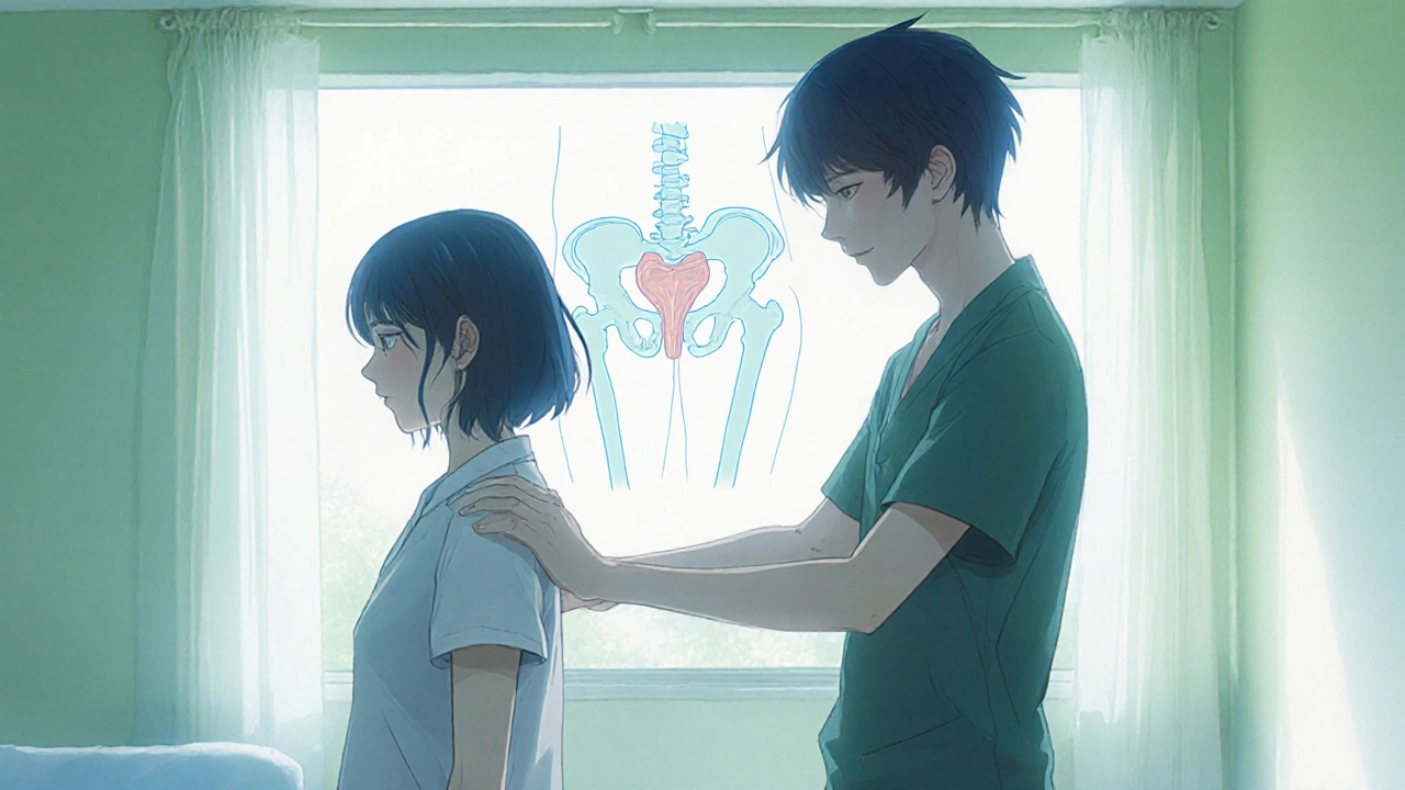 A bishounen therapist demonstrates pelvic floor exercises with a patient in a calm therapy room.