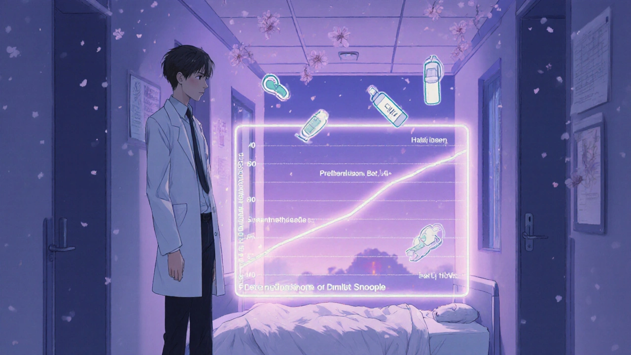 A doctor stands beside a glowing steroid half-life chart in a quiet hospital corridor with cherry blossoms falling.