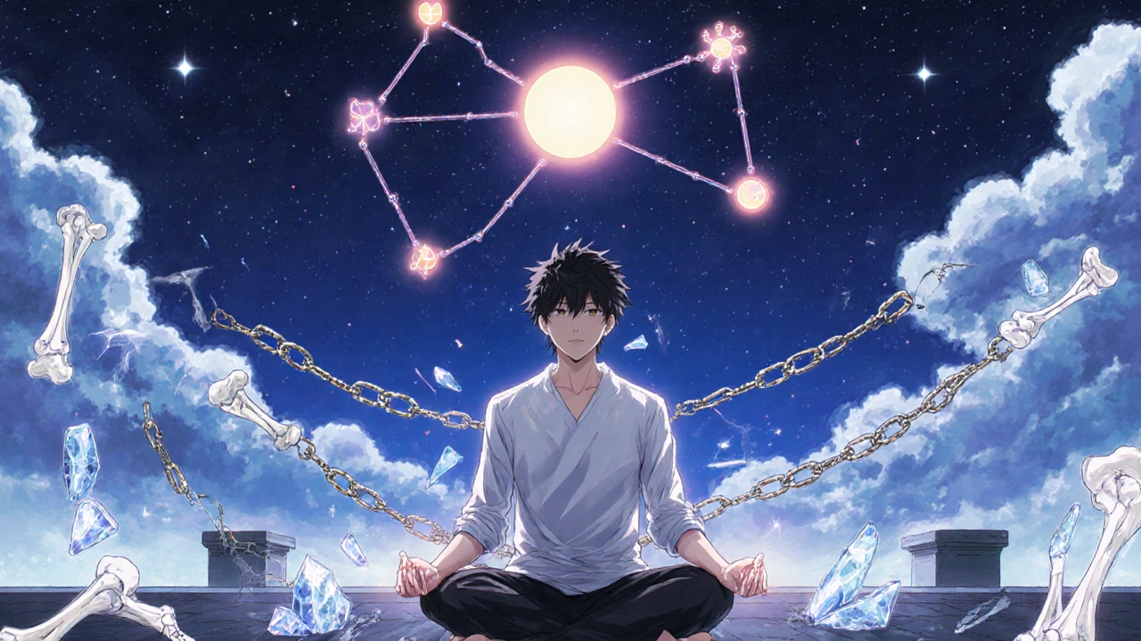 A man meditates on a rooftop as steroid side effects shatter, replaced by glowing symbols of alternative treatments.