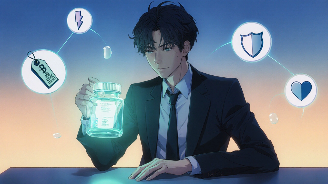 Bishounen pondering floating icons of price, speed, safety, and health while holding a glowing tablet.