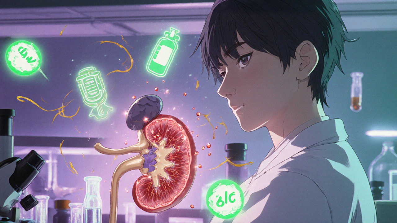 Bishounen researcher studies a kidney tubule model with floating potassium and insulin symbols.