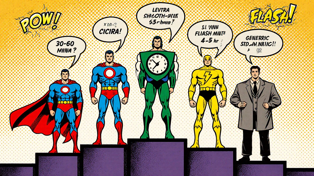 Comic illustration of five characters representing different ED meds with captions of onset and duration.