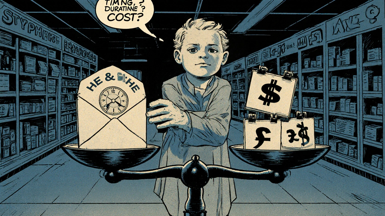 Comic scene of a man weighing timing, duration, and cost on a scale while looking at a He&She pack.