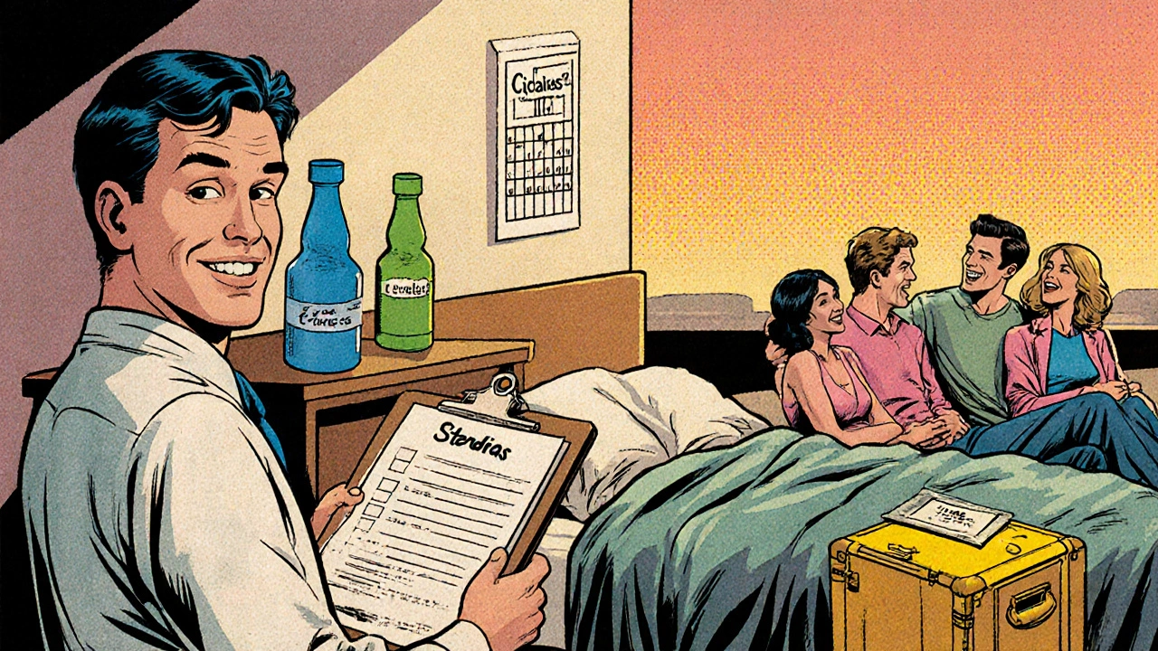 Couples with different ED pills relax, while a pharmacist offers a checklist, in a vintage comic bedroom scene.