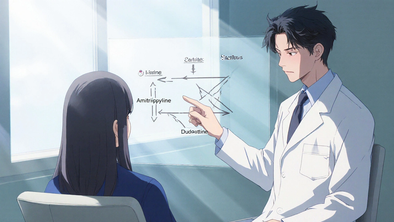 Doctor and patient discussing medication options with tapering and cross‑titration diagrams.