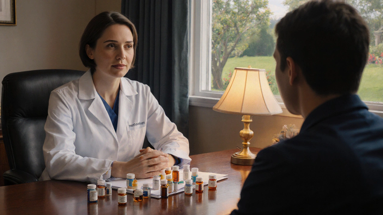 Doctor and patient reviewing various antidepressant pills.