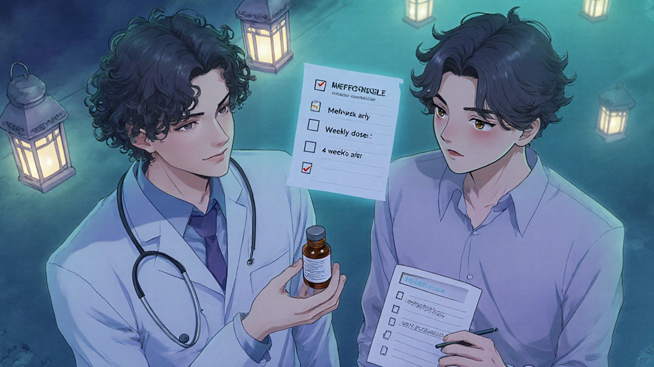 Doctor giving mefloquine and checklist to traveler holding a side‑effect diary at dusk.