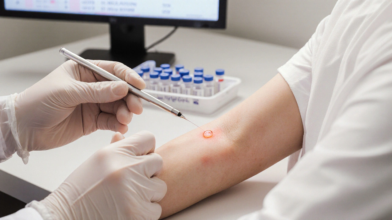 Doctor performing a skin prick test, showing a small raised wheal on a patient's arm.