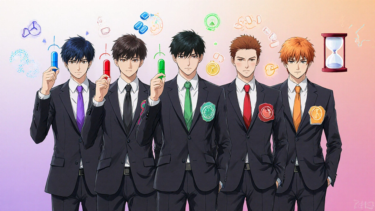 Five bishounen characters each holding a differently colored pill, representing various ED meds.