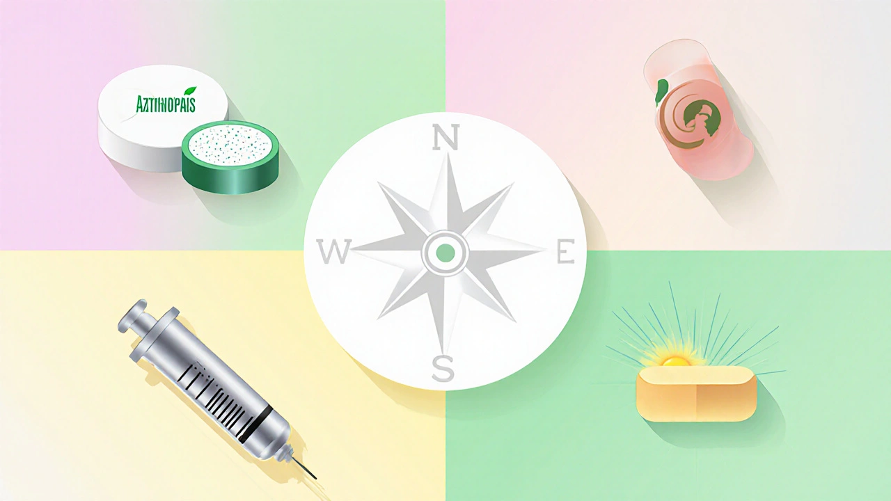 Flat‑design icons of various immunosuppressant drugs arranged in a pastel collage.