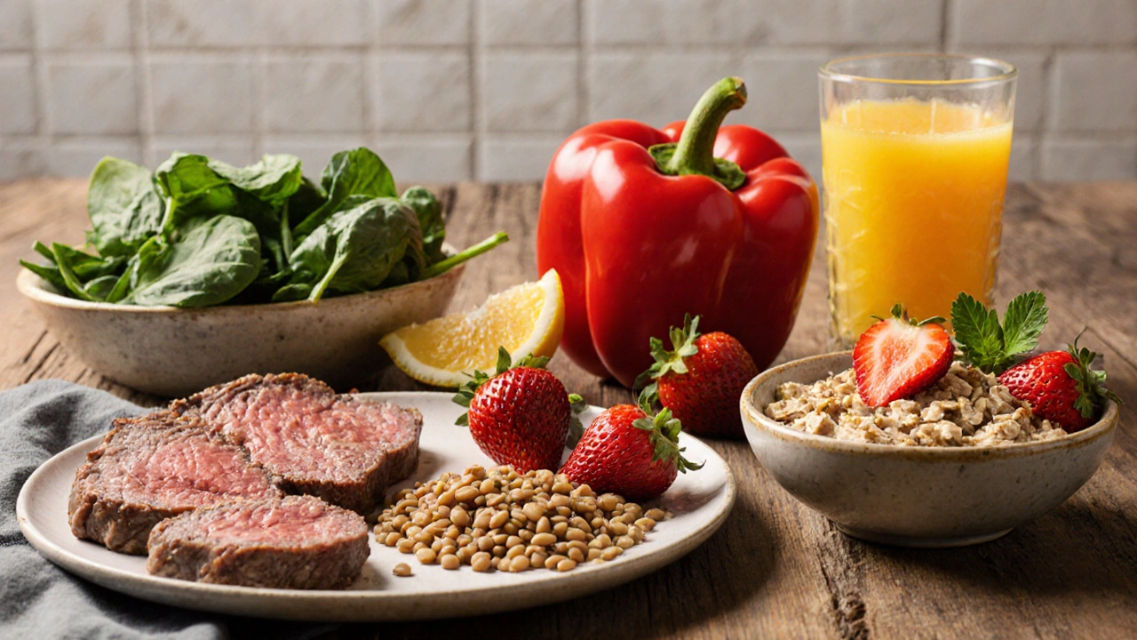 Flat lay of iron‑rich foods and orange juice for pregnancy nutrition.