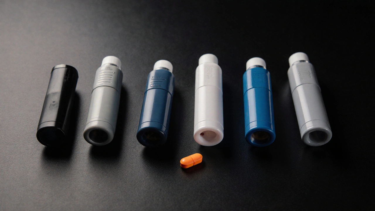 Flat‑lay of multiple inhalers and a tablet on a dark surface.