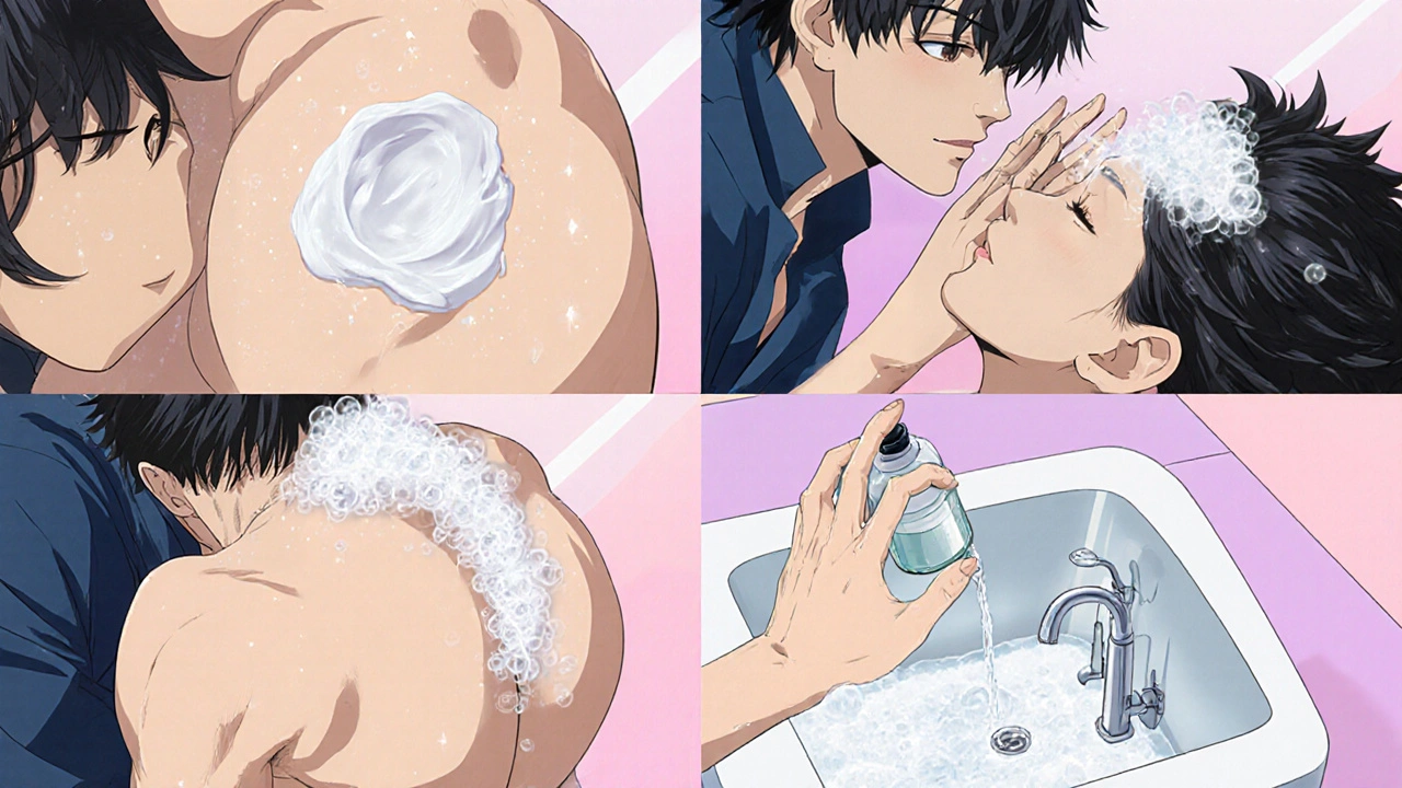 Four panels show same man using cream, ointment, foam, and solution on different body parts.