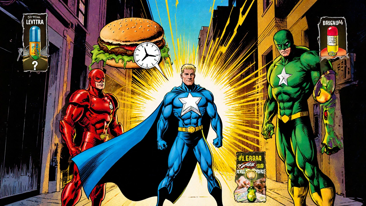 Four pill heroes—Levitra, Viagra, Cialis, Stendra—face off in a neon alley, showcasing their unique powers.