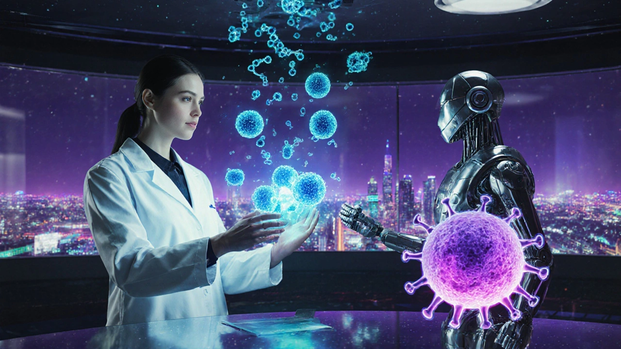 Futuristic lab scene with holographic antibodies, CRISPR nanorobot, and glowing mast cell.