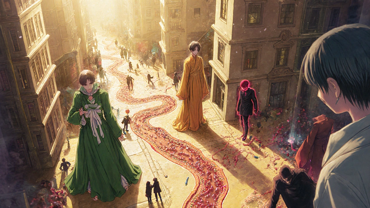 Gut depicted as a city of bacteria with beneficial and harmful microbes highlighted.