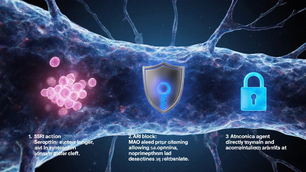 Illustration of a synapse showing SSRI, MAOI, and receptor activation mechanisms.