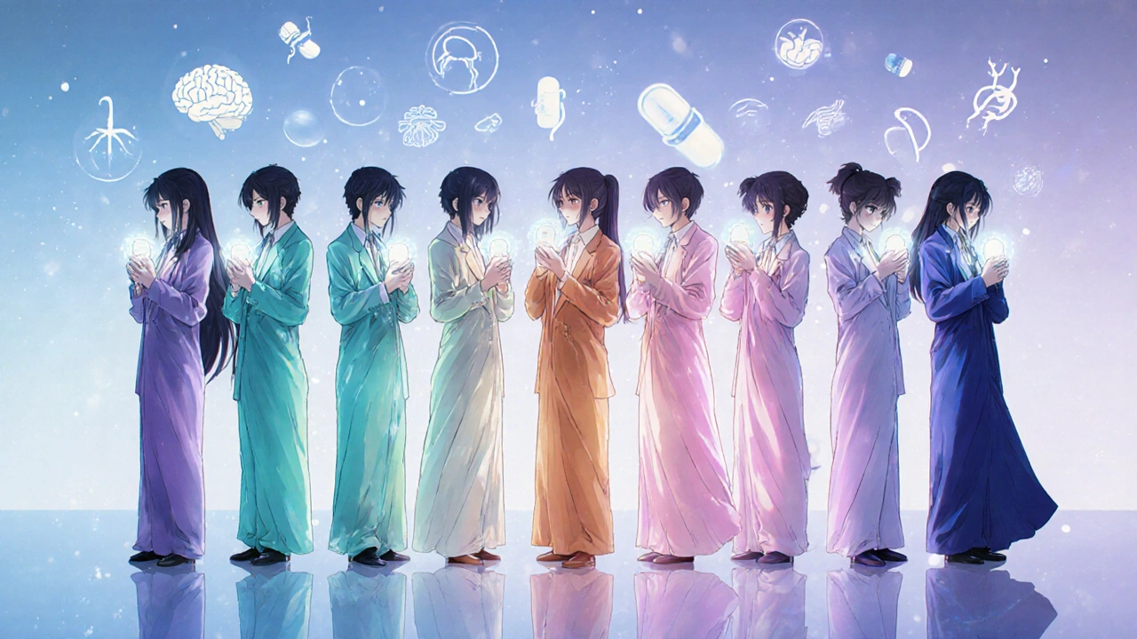 Lineup of six bishounen characters, each holding a colored tablet representing different antidepressants.