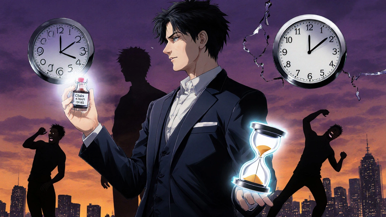 Man at dusk holding Cialis and Intagra, shadows showing duration differences, city skyline behind.