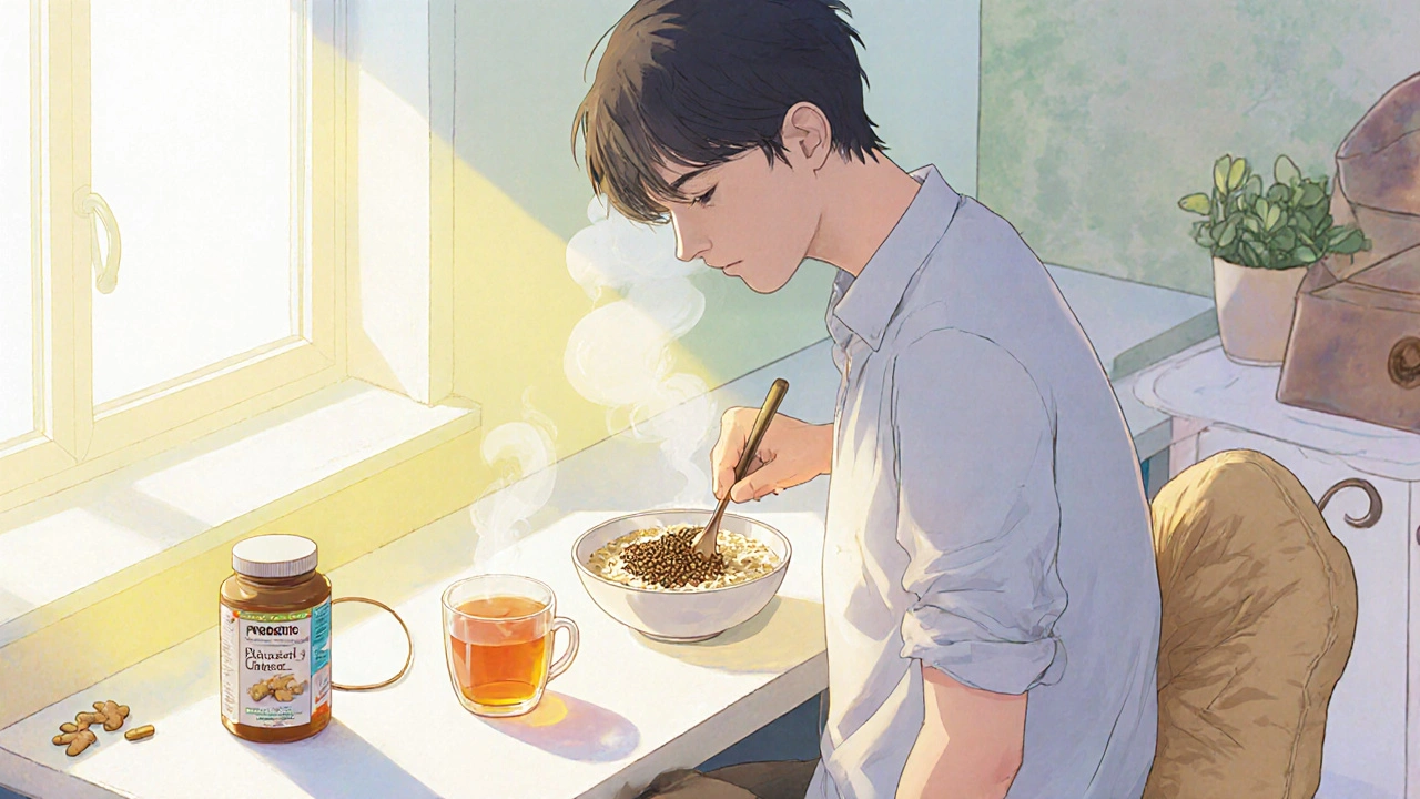 Man preparing oatmeal with flaxseed, ginger tea, probiotic jar, and heating pad in a sunny kitchen.