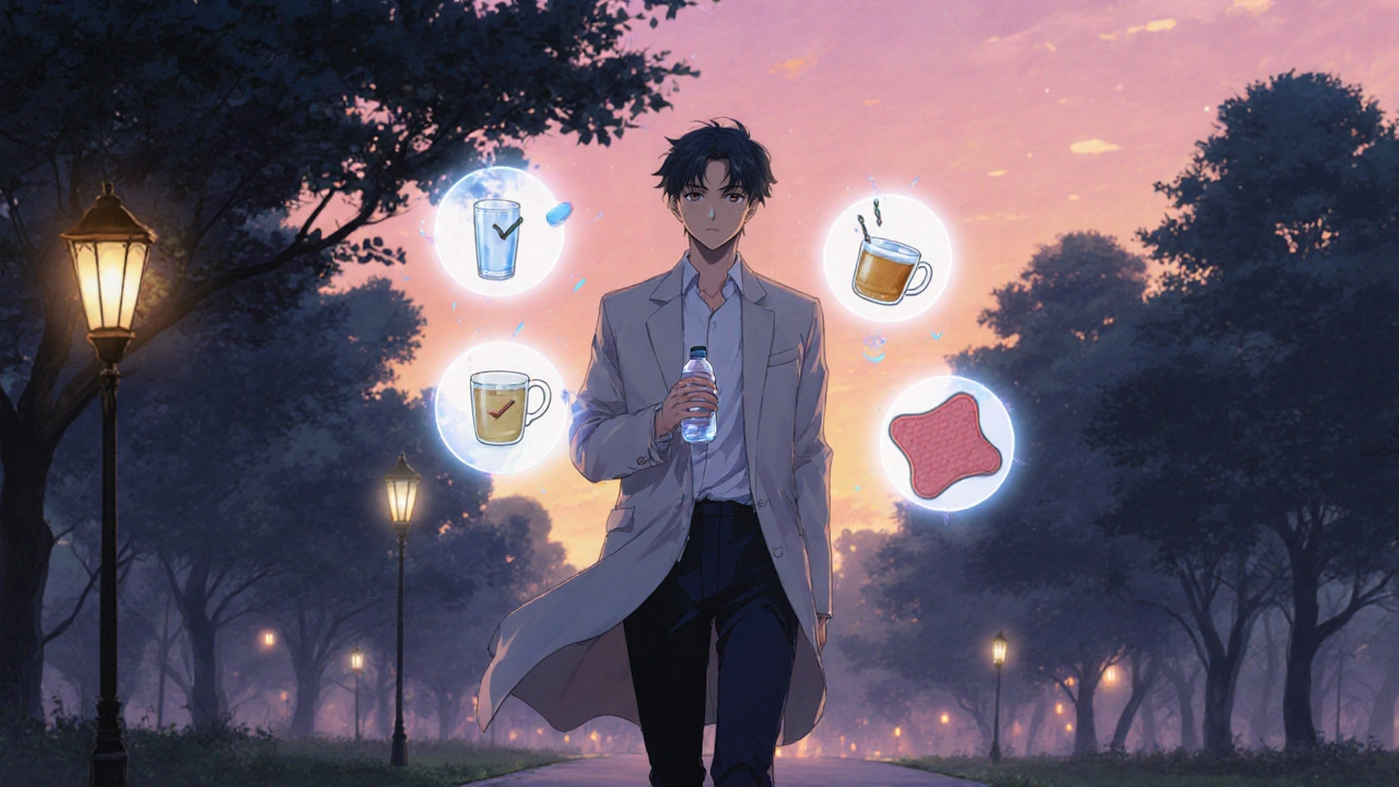 Man walking in a park at dusk with floating icons of water, probiotic, tea, and heating pad.