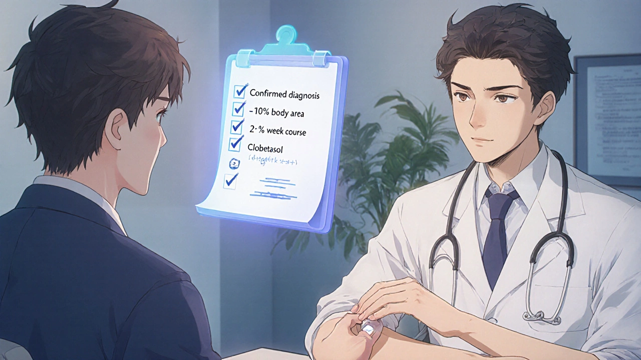 Patient and dermatologist review checklist while applying a precise amount of clobetasol.