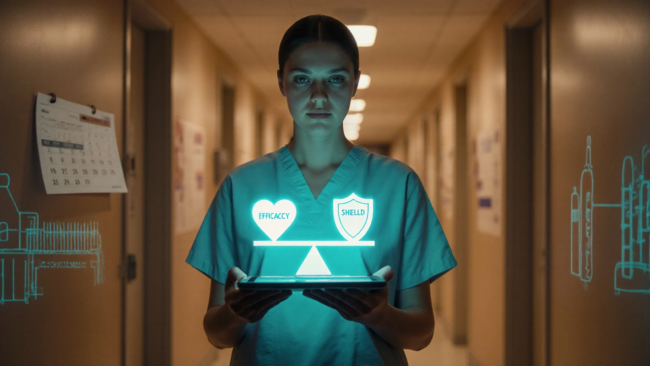 Patient holding a tablet showing a balanced scale of efficacy and safety in a clinic hallway.