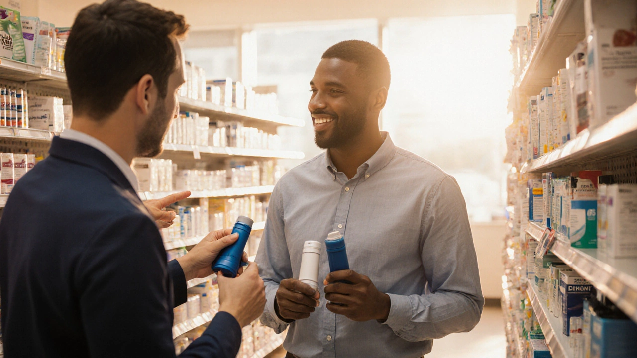 Patient holding two inhalers while pharmacist offers guidance in a pharmacy.