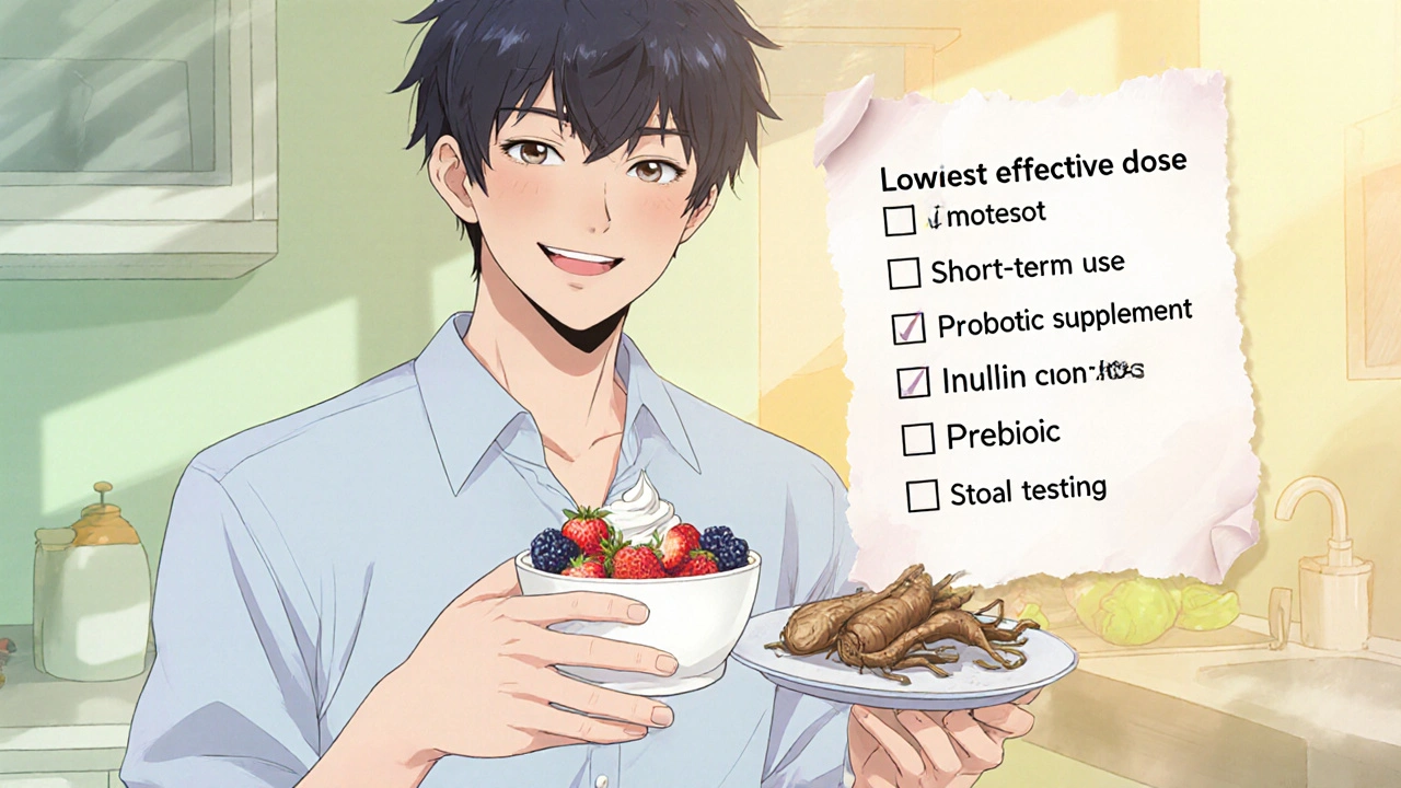 Person enjoying probiotic yogurt and inulin foods with a health checklist nearby.