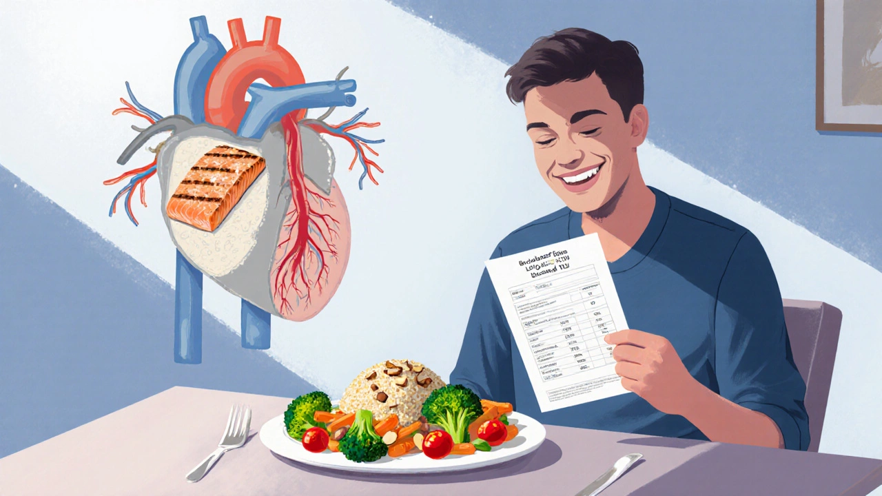 Person smiling with lowered LDL report, balanced plate of salmon, quinoa, veggies, and heart silhouette.