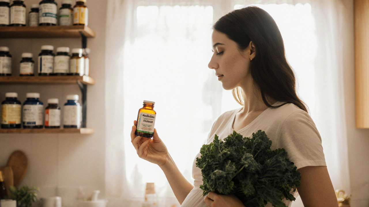 Pregnant woman holding methylfolate supplement and kale in a sunlit kitchen.