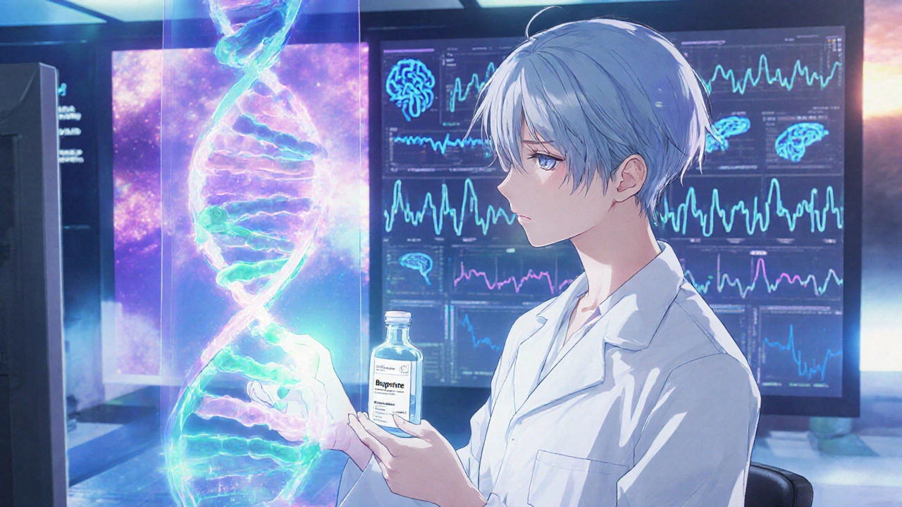 Scientist examining a holographic DNA helix with a floating buspirone bottle in a lab.