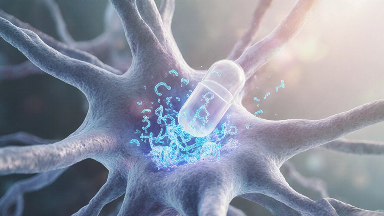 Sertraline capsule releasing serotonin at a brain synapse.