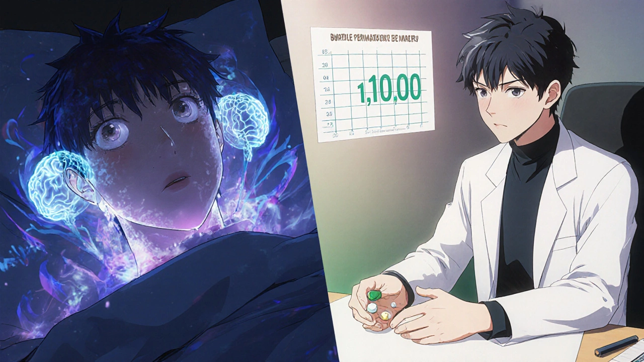 Split scene: dreamy fear of brain damage vs doctor reassuring with mefloquine tablet.