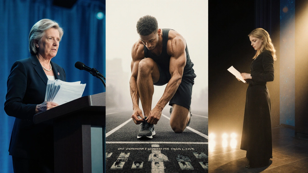 Split-screen of leader, runner, and actress turning weakness into action.