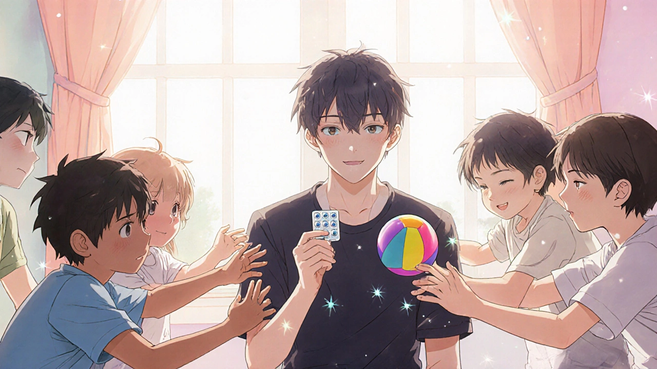 Therapy group showing improved eye contact and interaction among children after medication.