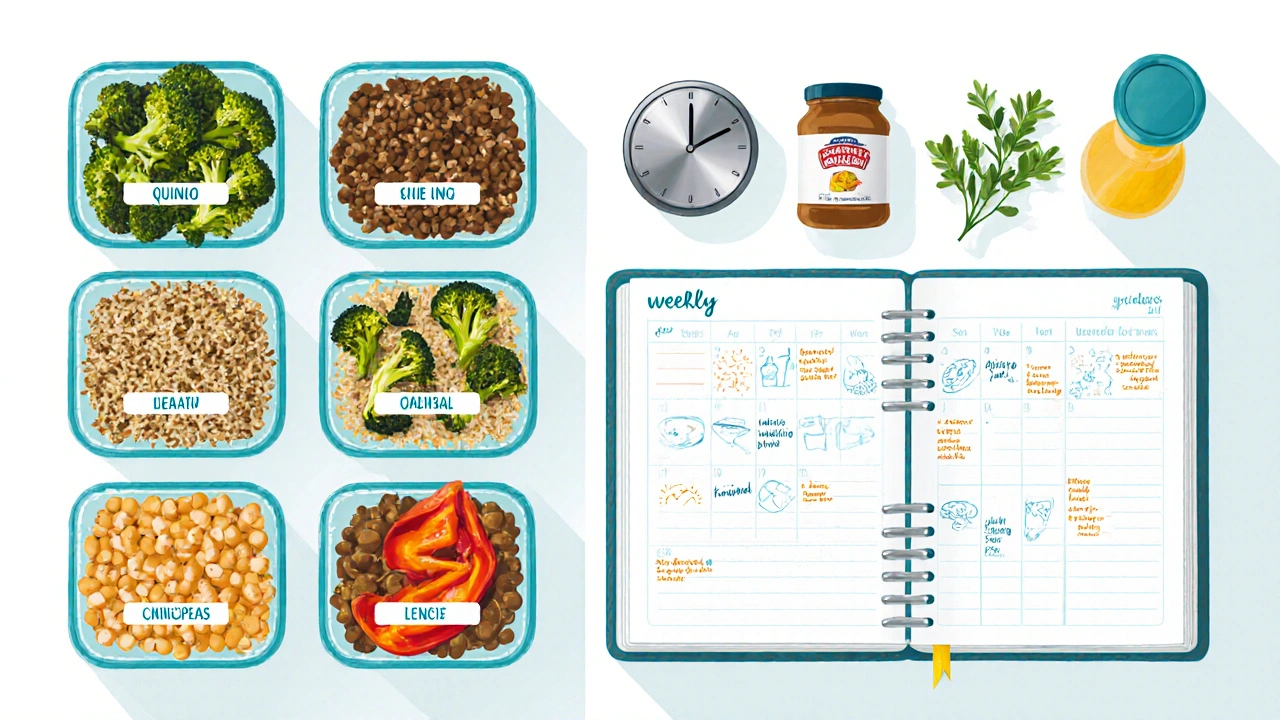 Top‑down view of weekly meal‑prep containers, planner notebook, herbs, and plant‑sterol spread.