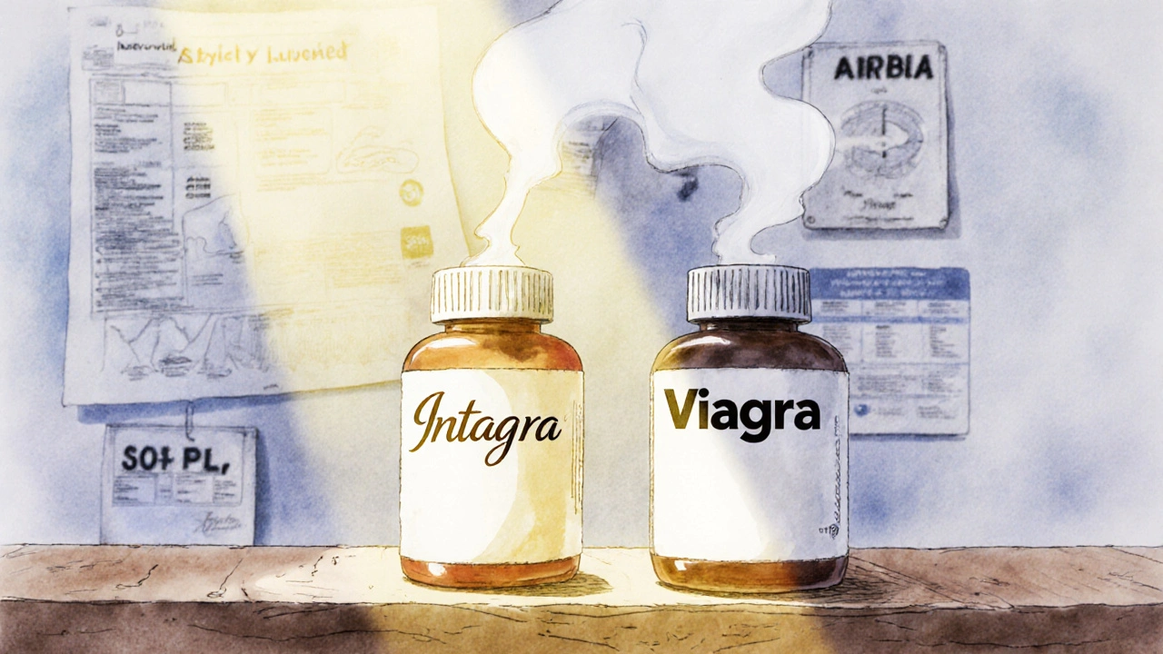 Two pill bottles side by side — Intagra illuminated, Viagra in shadow, price tags fading in background.