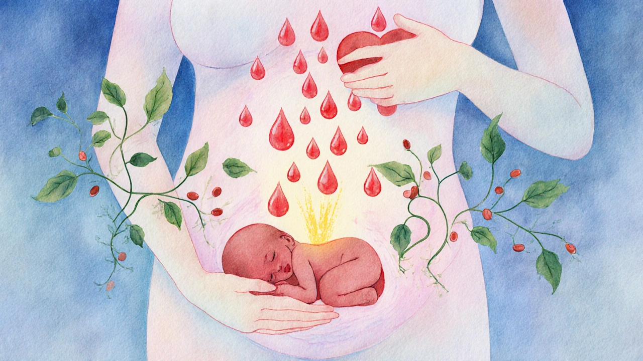 Watercolor illustration of oxygen‑rich blood flowing from mother to baby.