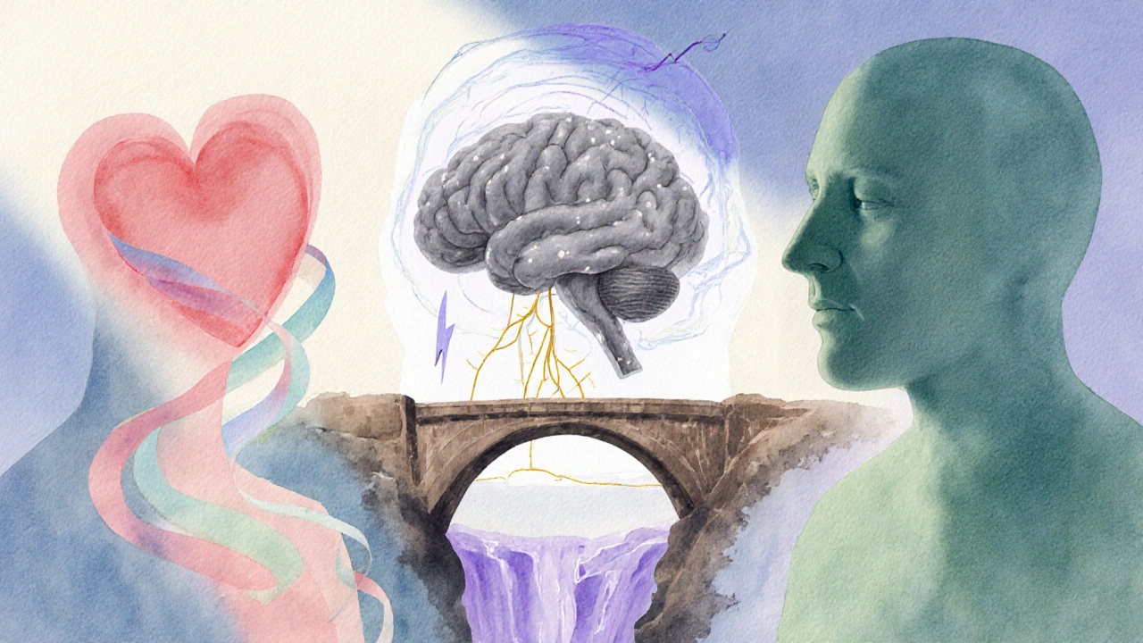 Watercolor of vulnerability, fear, and resilience as characters around a brain.