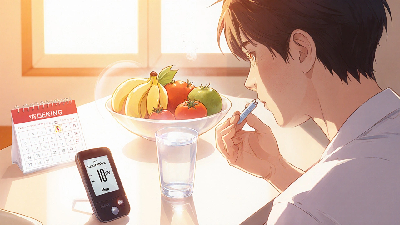 Young adult takes amiloride tablet, checks glucometer, with a subtle fruit bowl in the background.