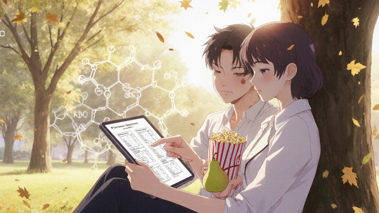 A dietitian and patient reviewing food labels together in a park, smiling as they discuss kidney health.