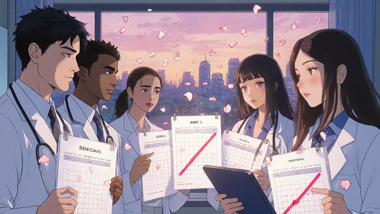 A diverse group of patients and doctors review ANC monitoring schedules together in a community clinic.