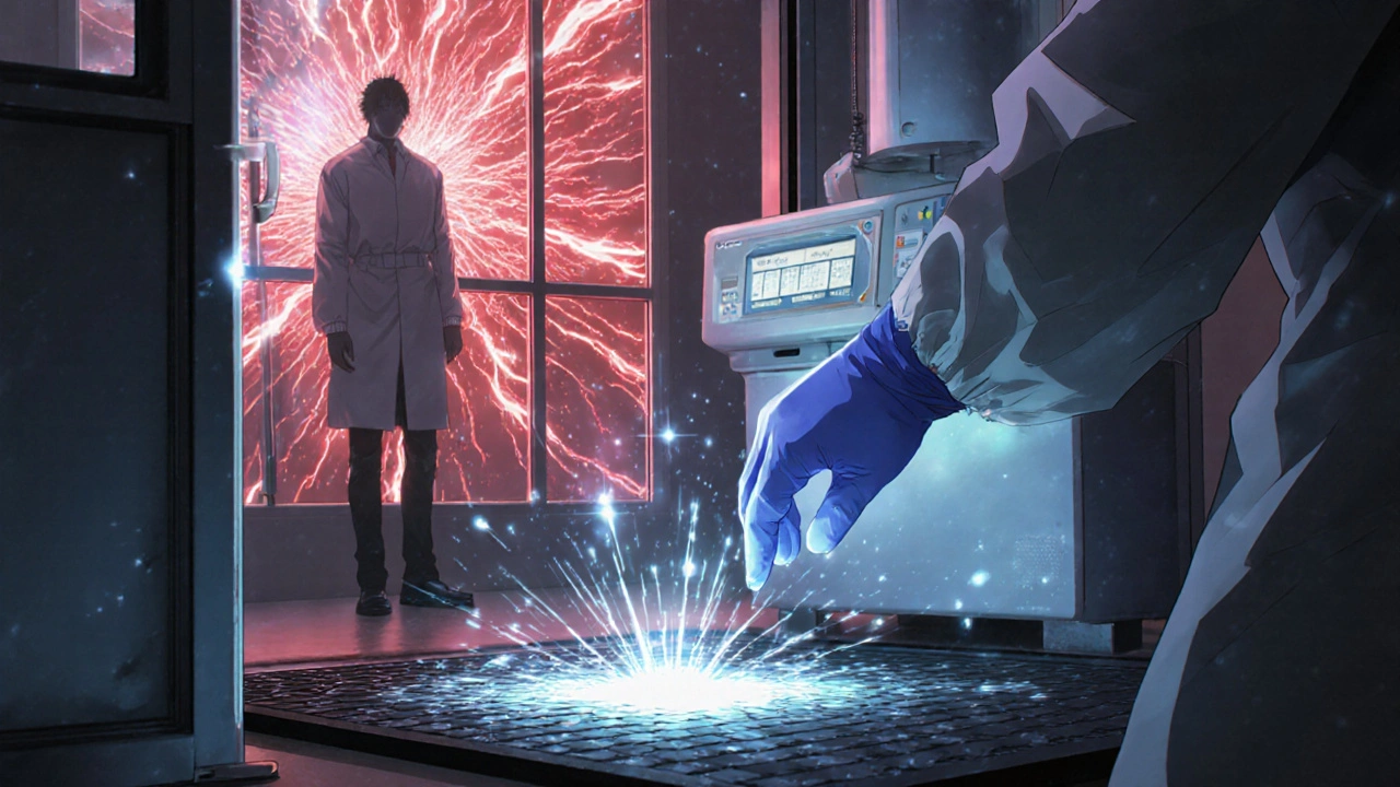 A hand places a mat at a cleanroom entrance as energy waves repel invisible contaminants.
