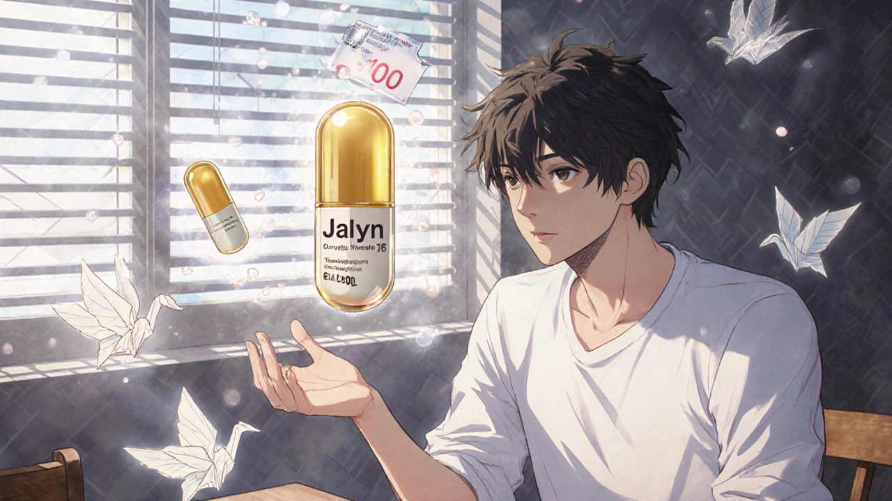 A man holding a combined Jalyn pill as other BPH medications fade into mist, with a floating price tag.