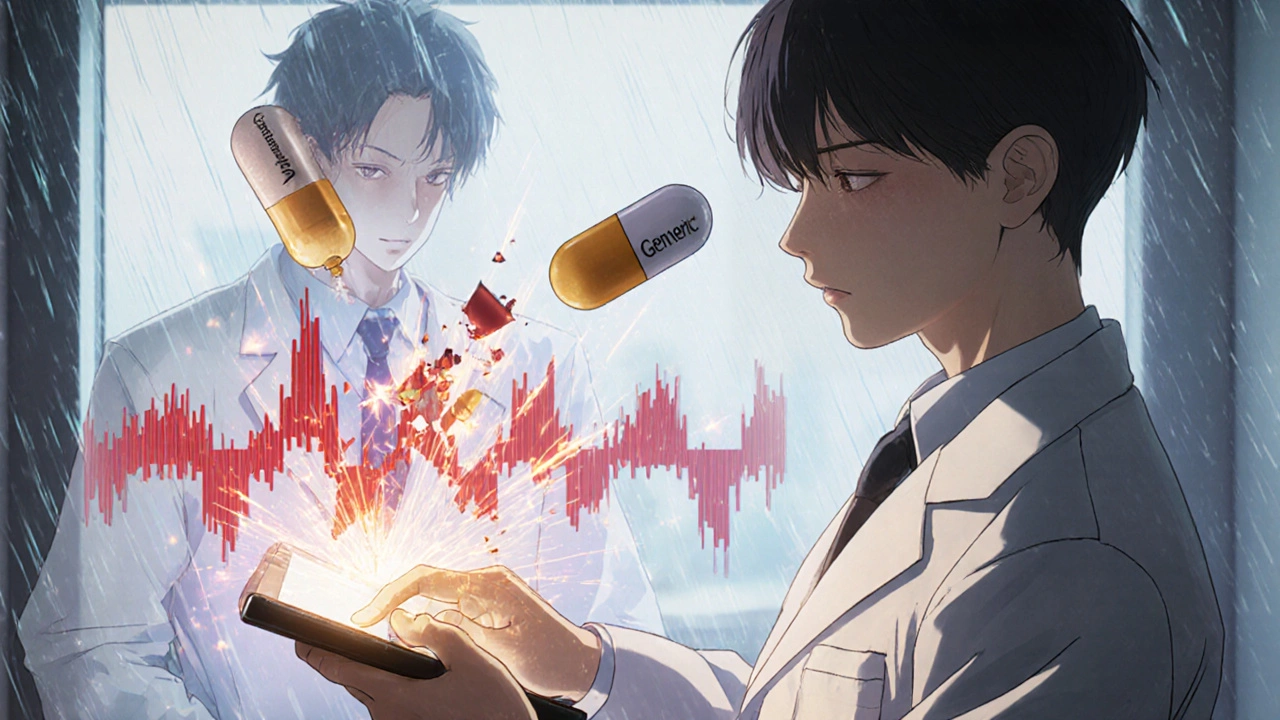 A neurologist works with holographic pill icons as a seizure waveform erupts, while a stable patient glows with calm energy.