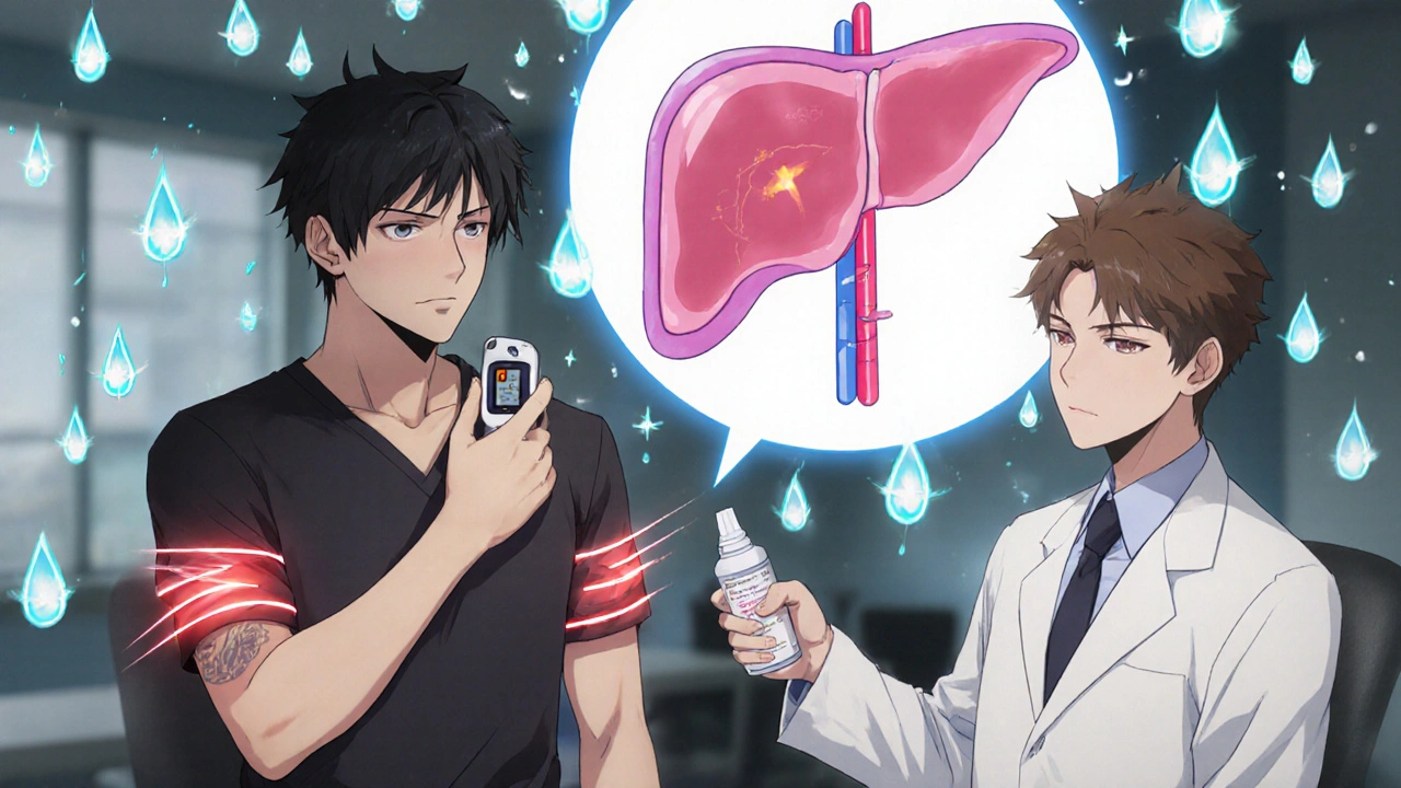 A patient wears a glowing CGM device while others hold glucagon spray, with sweat droplets glowing like warning stars around them.