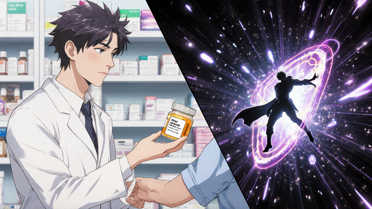 A pharmacist gives a generic pill to a patient while a symbolic battle between drug versions unfolds behind them.