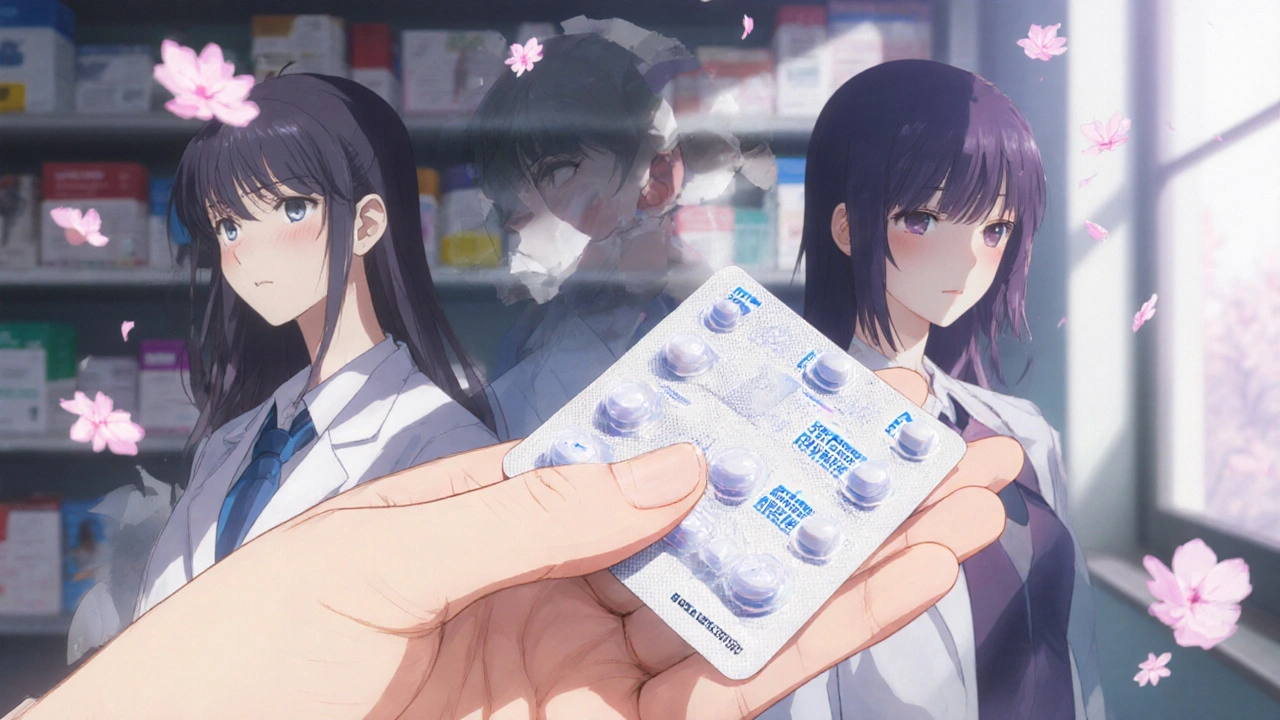 A pharmacist hands a blister pack to a woman as faded versions of her tired past dissolve into light.